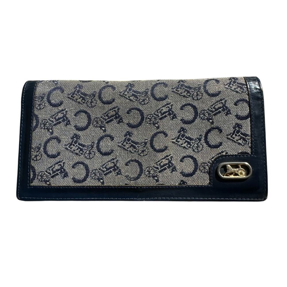 Authentic Vintage CELINE Navy Canvas and Leather Snap Lock Kiss Lock Long Wallet